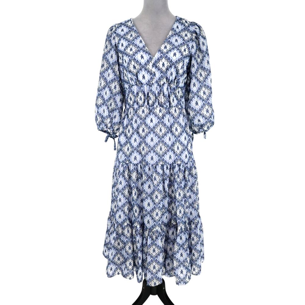 Calvin Klein Dress Womens 4 Blue White Textured Chiffon Back Zip Tiered Coastal